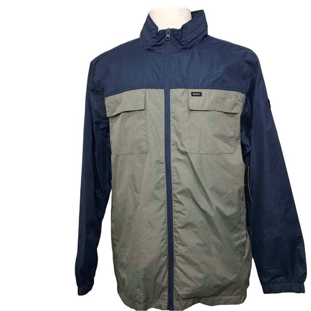 RVCA Windbreaker Jacket Men’s Size L Color Green/Blue Hoodie Chest Pocket Zip Up